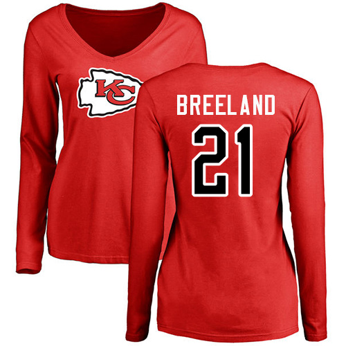 Women Football Kansas City Chiefs #21 Breeland Bashaud Red Name and Number Logo Slim Fit Long Sleeve T-Shirt